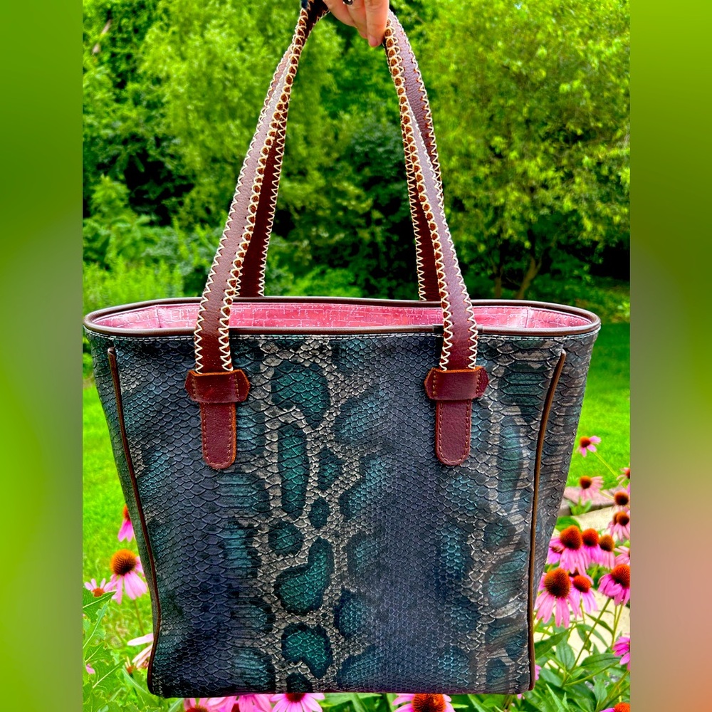 Consuela Teal and Brown Snake Pattern Tote